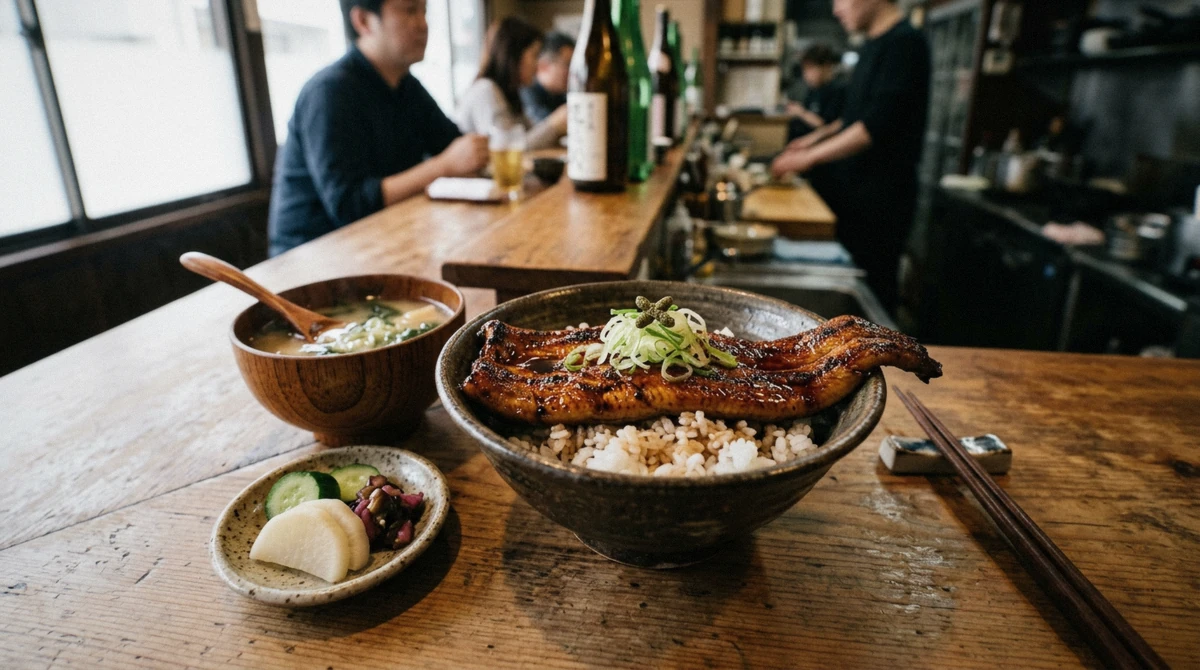 A conger eel rice bowl, another Matsushima seafood dish beside the oysters