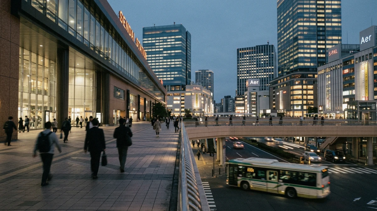 The deck outside Sendai Station in the evening, the usual base for Matsushima Bay tours