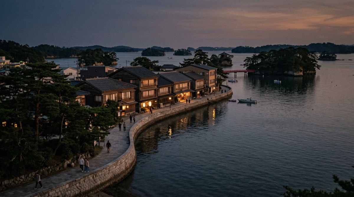 Hotels along the Matsushima waterfront at dusk, the closest place to stay for Matsushima Bay