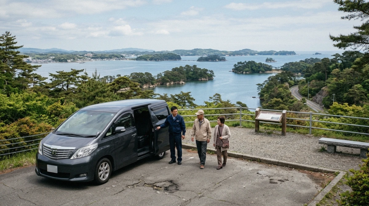 A driver holding a minivan door open for an older couple at a lookout above the pine islands of Matsushima Bay