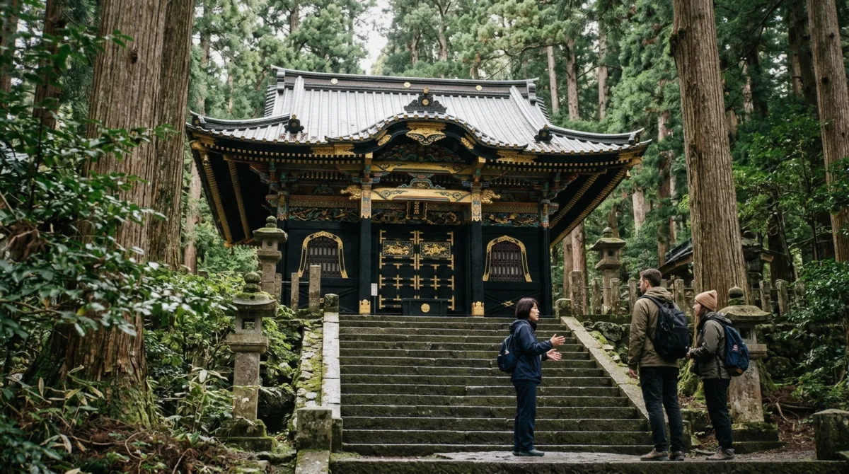 A guide with two travellers below the black and gold lacquered Zuihoden mausoleum among cedars in Sendai