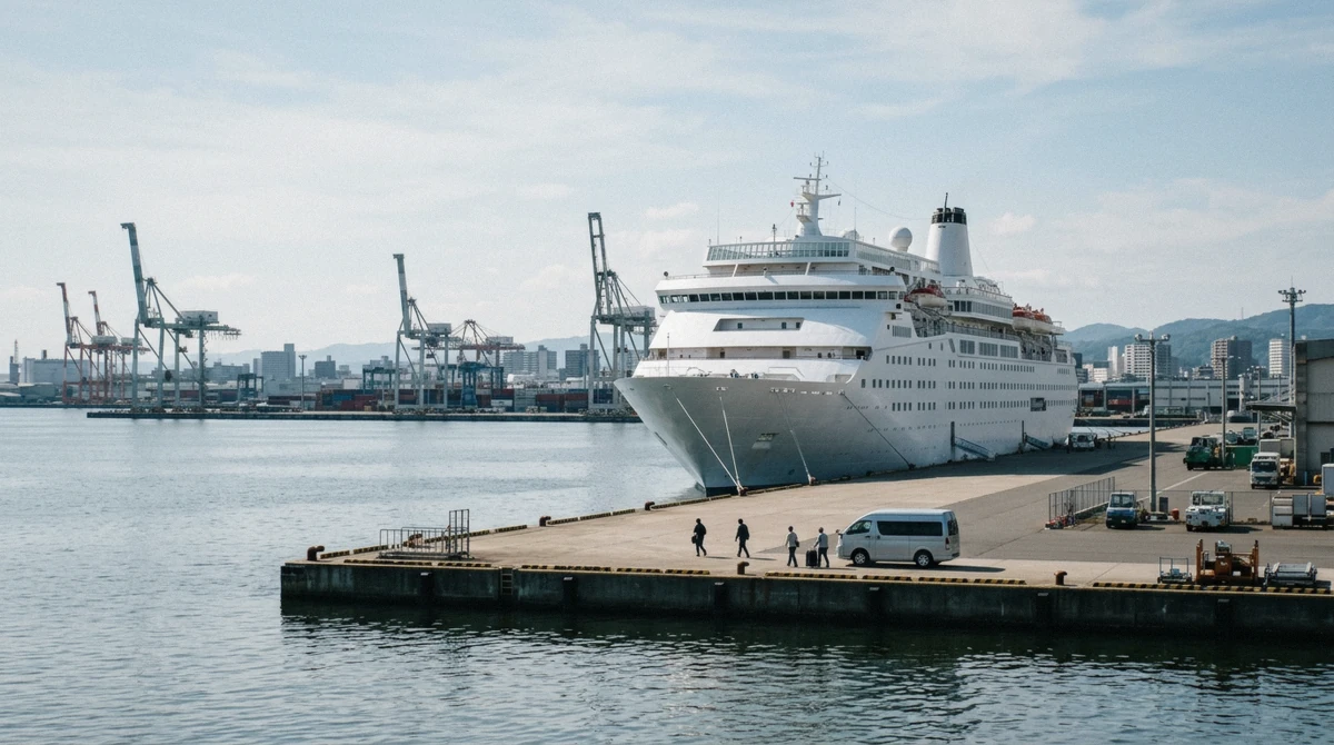 A white cruise ship at the quay of Sendai port with passengers walking to a waiting minivan