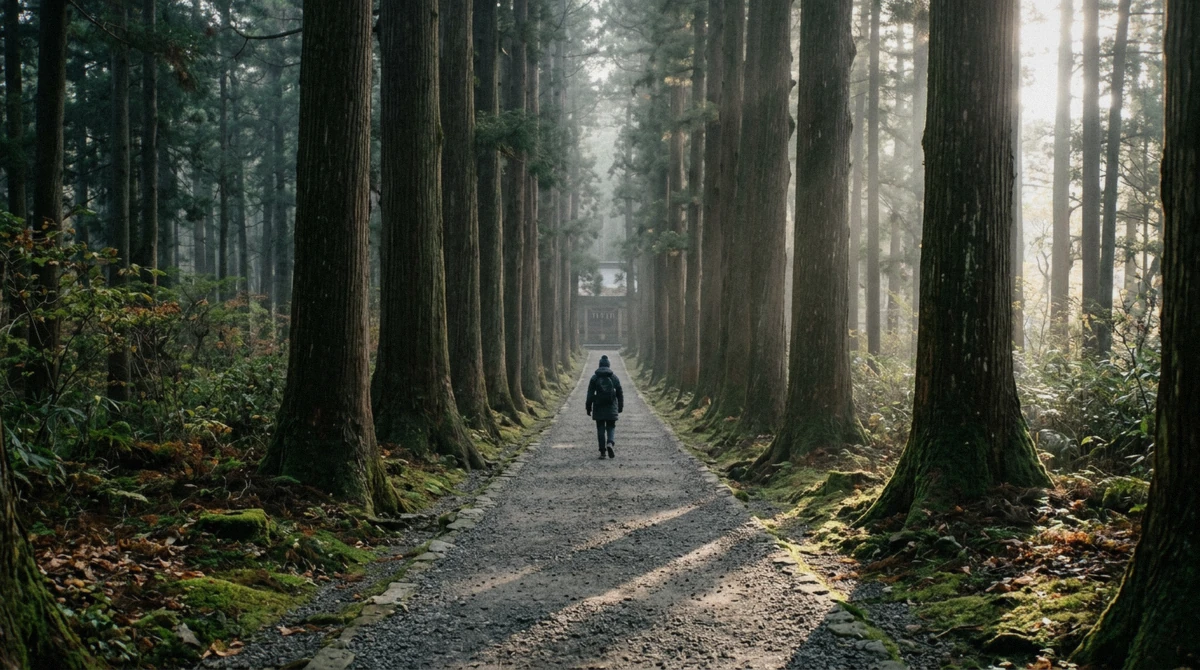 A cedar-lined approach in the early morning, the way into Zuiganji Temple