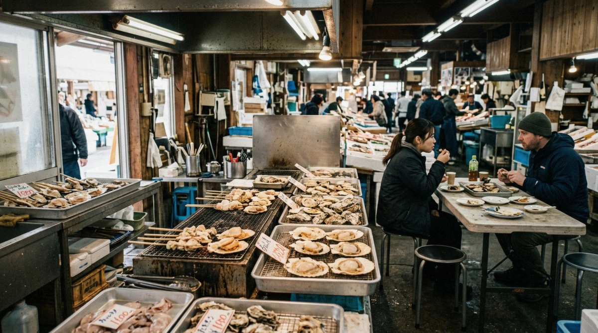 Grilled seafood at a food counter, lunch among the things to do in Matsushima