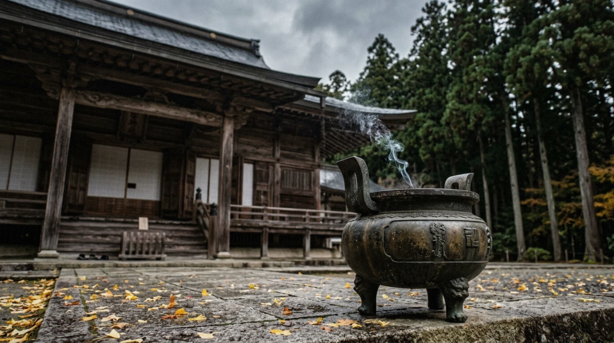 An incense burner in front of a wooden hall at a Zen temple like Zuiganji Temple