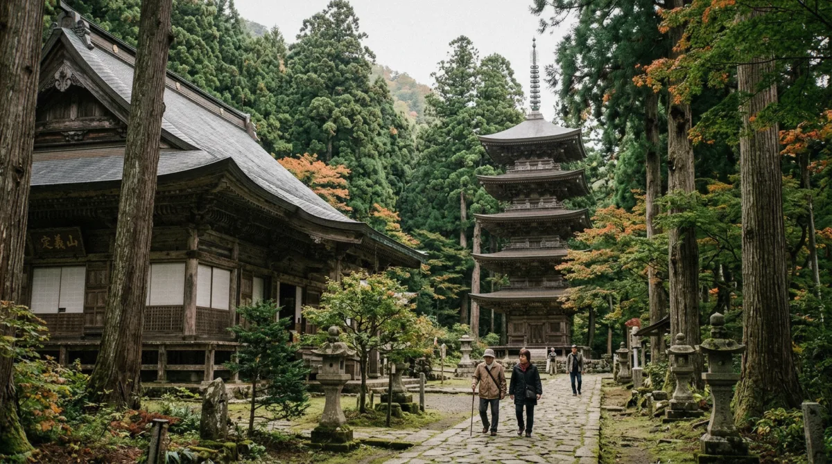 A large wooden temple hall and a five-storey pagoda among cedar trees on a mountain west of Sendai