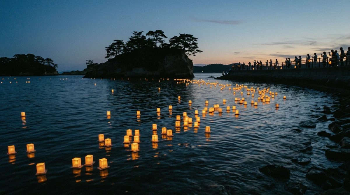 Lanterns floating on the bay at the 17 August festival, one of the things to do in Matsushima in summer