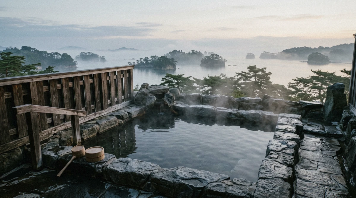 An outdoor hot-spring bath above the bay at dawn, a reason to stay in Matsushima