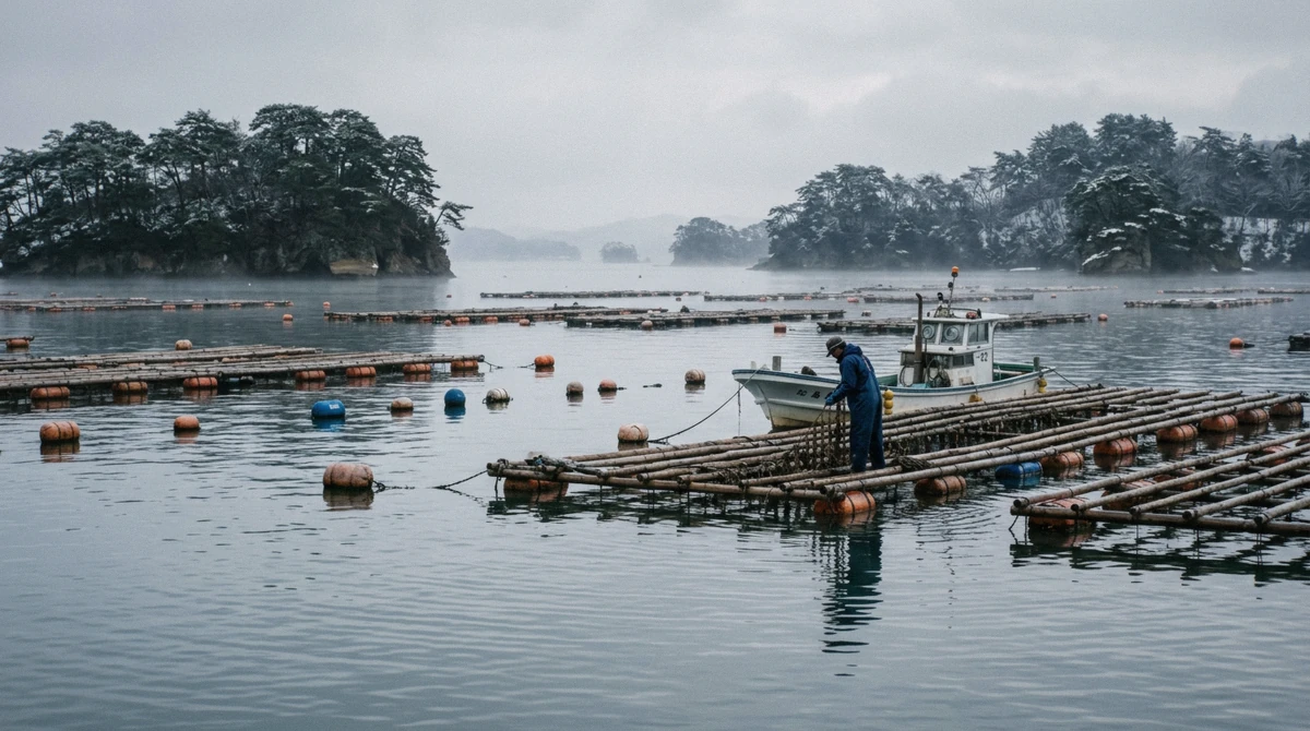 Oyster rafts on Matsushima Bay in winter, where Matsushima oysters are farmed