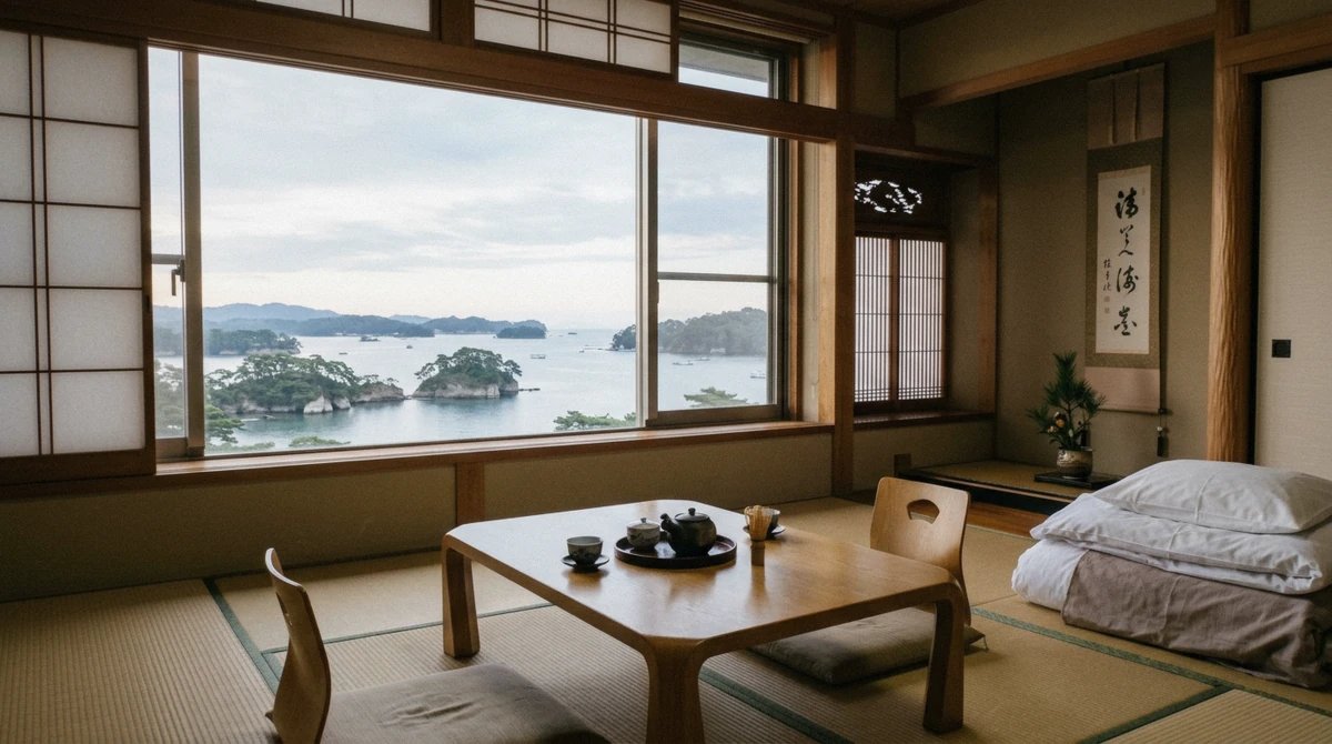 A tatami room looking over the bay, the kind of room to book when you stay in Matsushima
