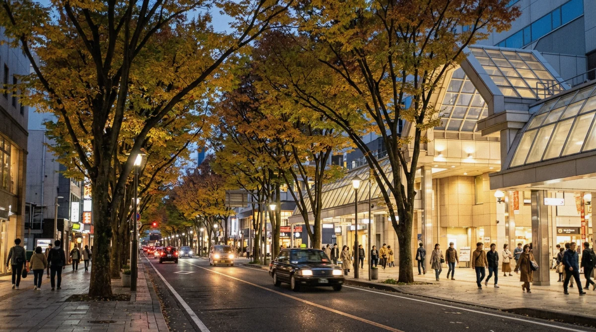 An avenue in central Sendai in autumn, the city most visitors stay in for Matsushima
