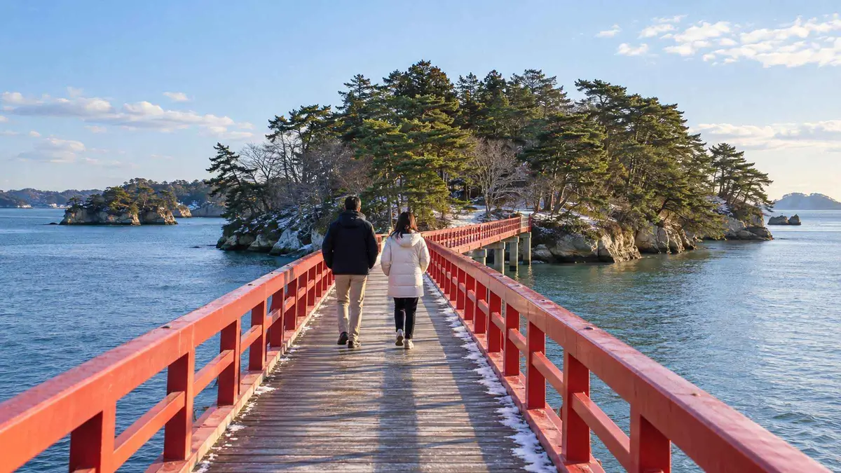 Two people walking along the red Fukuura Bridge toward a pine-topped island in winter light