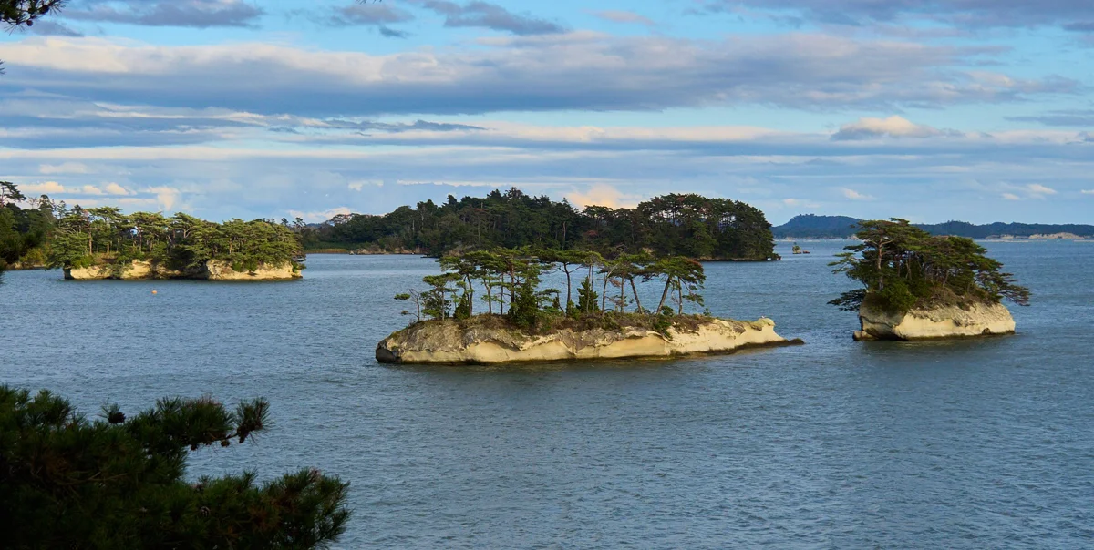 Pine-covered rocky islets in Matsushima Bay seen on a Matsushima shore excursion