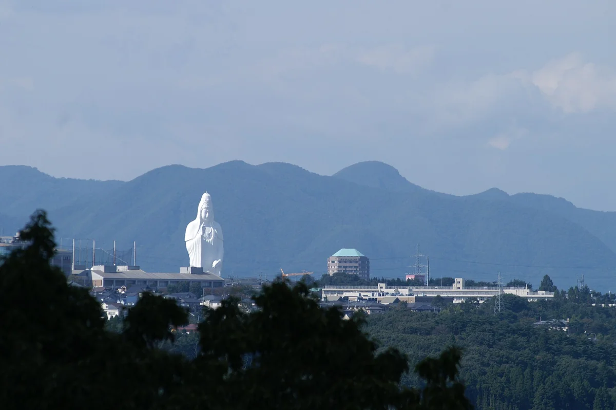 The Sendai Daikannon seen across the city, a stop on bus tours that start where the trip from Tokyo to Matsushima changes