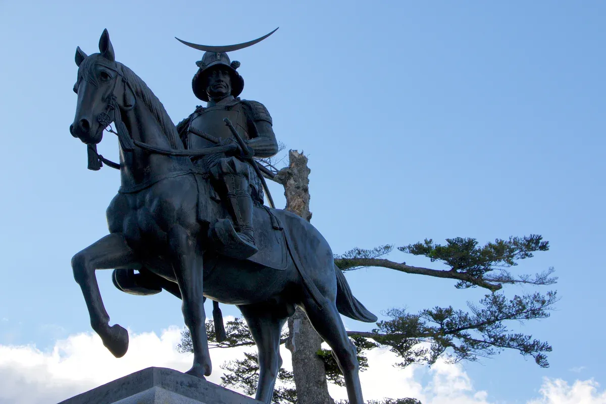 Bronze equestrian statue of Date Masamune in his crescent-crested helmet