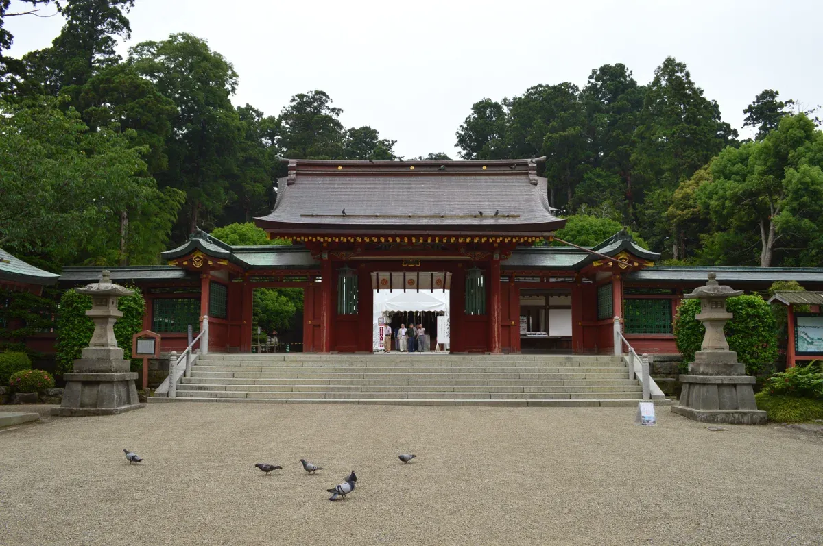 Red-painted shrine gate with stone lanterns and pigeons on the gravel forecourt